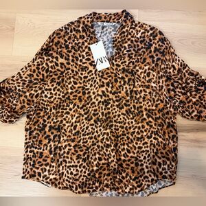 NWT Zara Brown Leopard Print oversized blouse